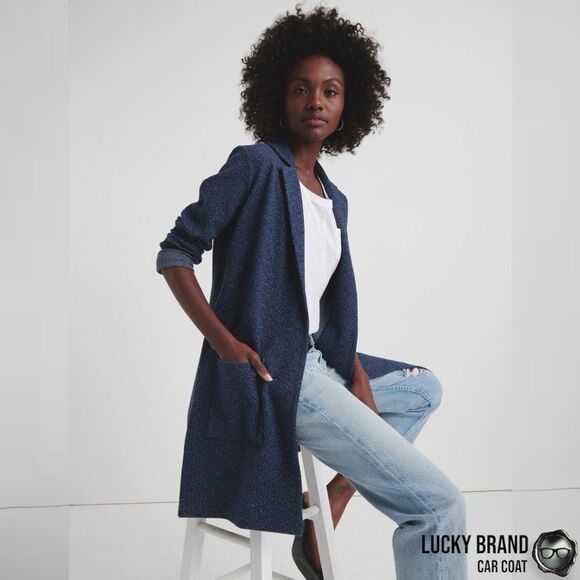 LUCKY BRAND CLASSIC LONG LINE CAR COAT IN AMERICAN NAVY BLUE WOMEN’S SIZE SMALL - Picture 1 of 14